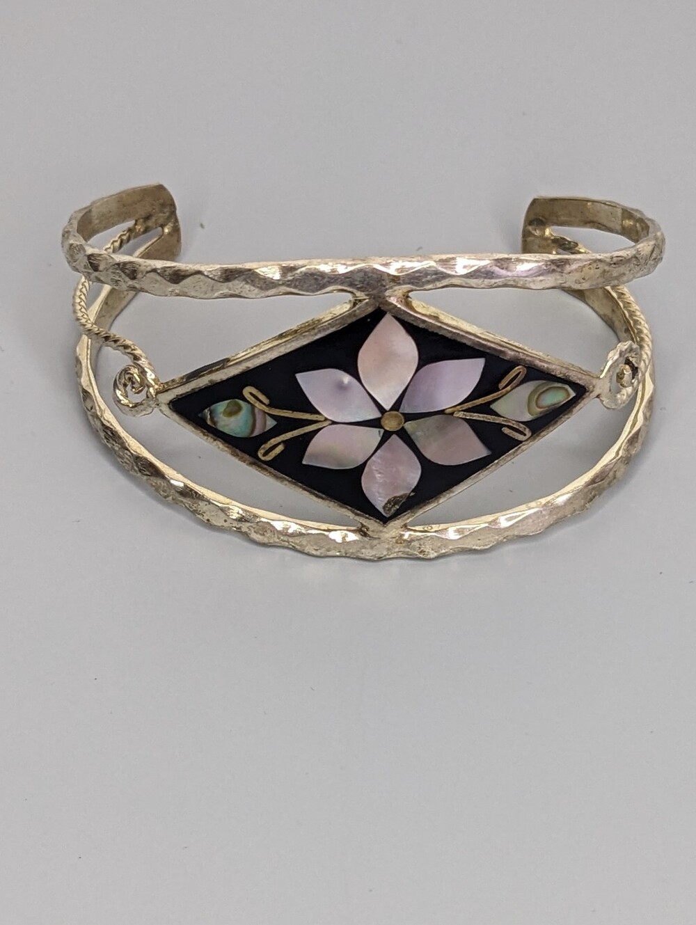 Vintage Alpaca Mexico Abalone Inlay Bracelet Silver Tone Diamond Panel Cuff
